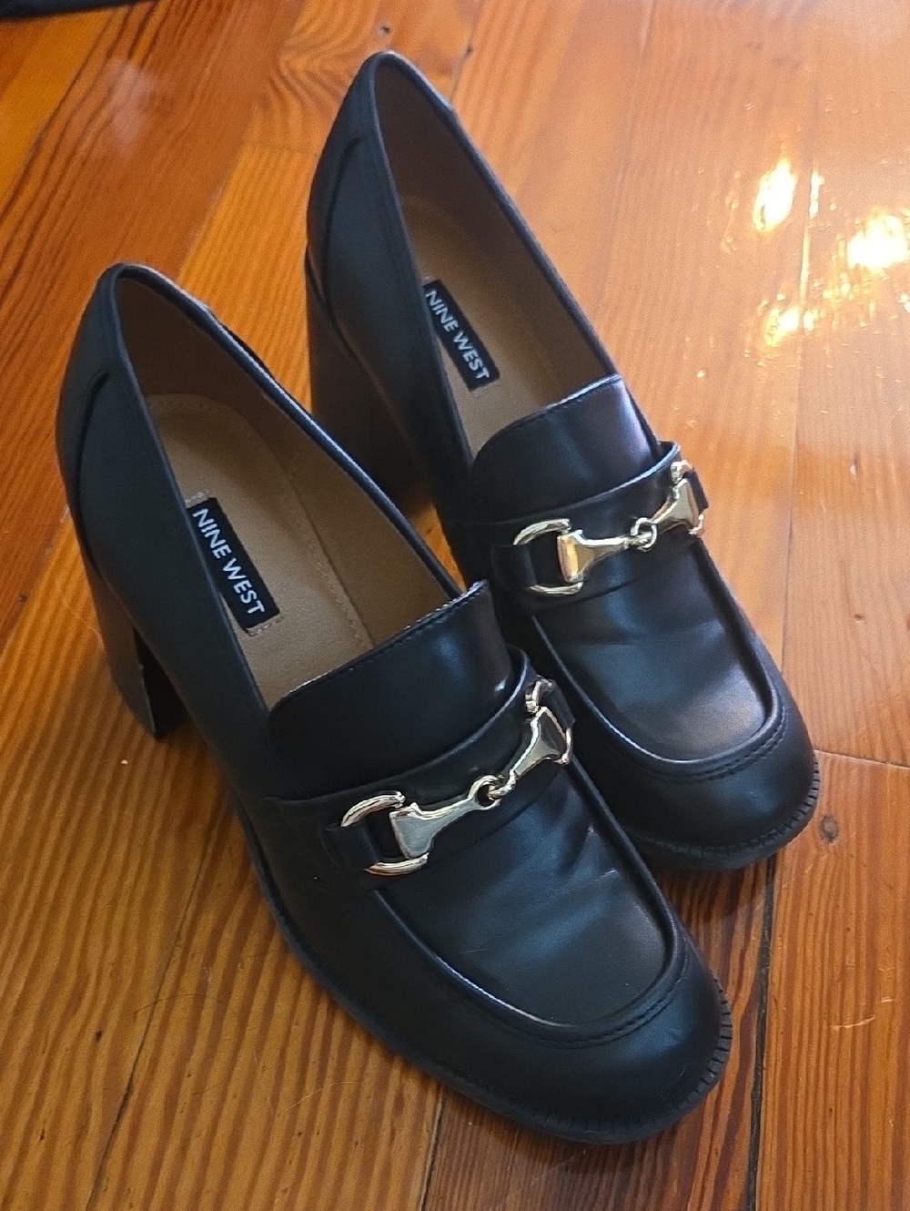 Nine West Black Leather Loafers with Gold Horsebit Accent